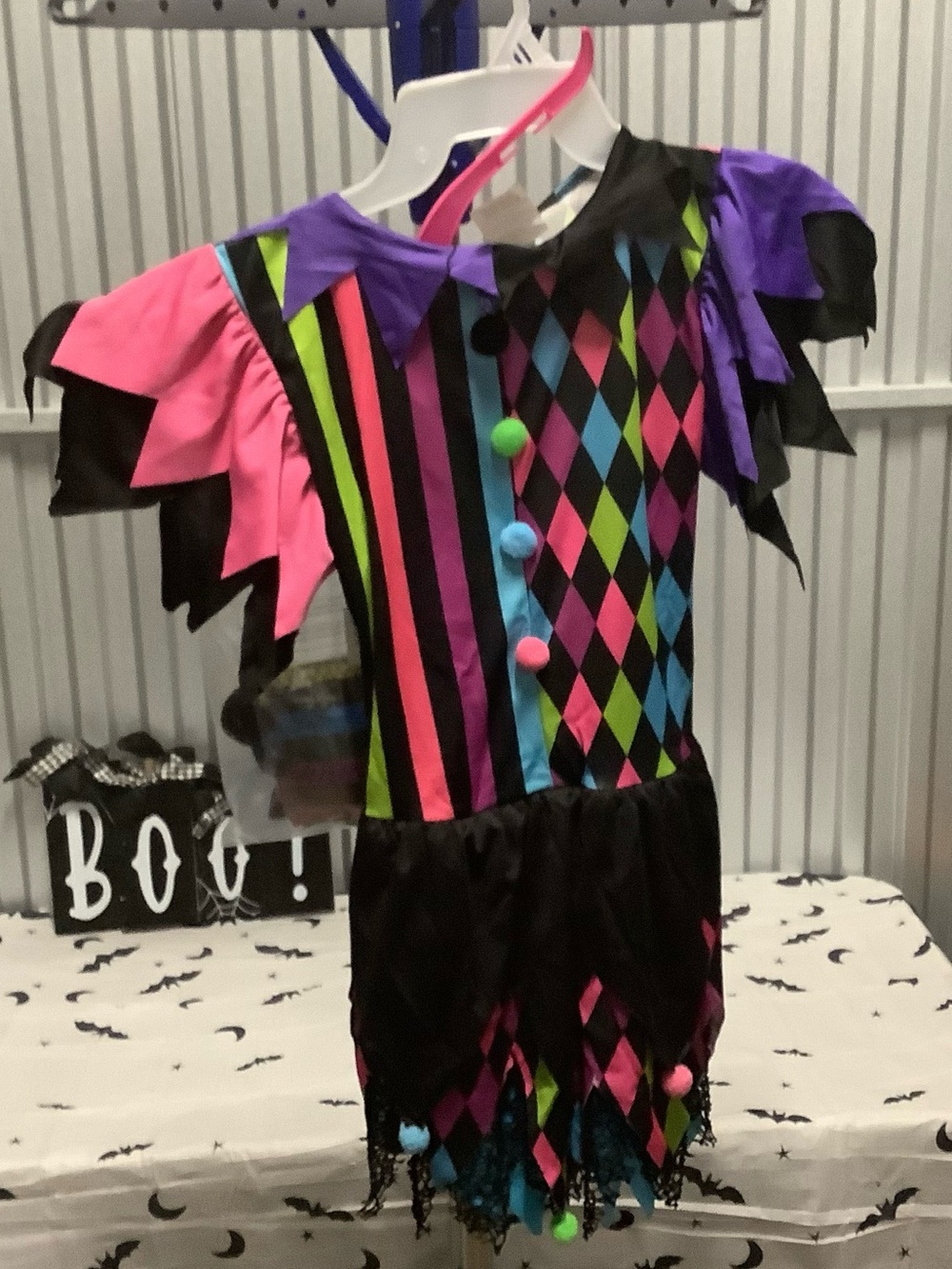 Girls Multicolor Harlequin jester Clown Costume with Pom Detail